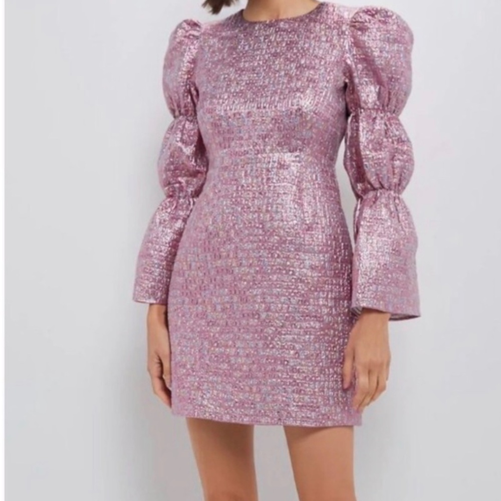 Tuckernuck Hyacinth House 	 Pink Multi Jacquard Puff Sleeve Darcy Mini Dress